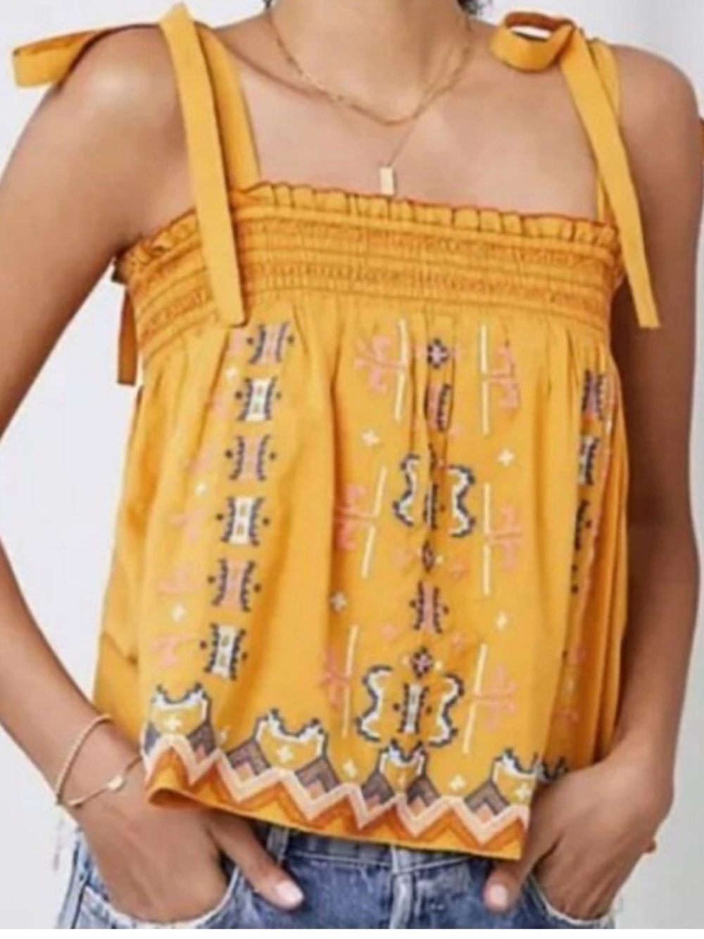 Anthropologie Embroidered Mustard Tie-Shoulder Sundress Top
